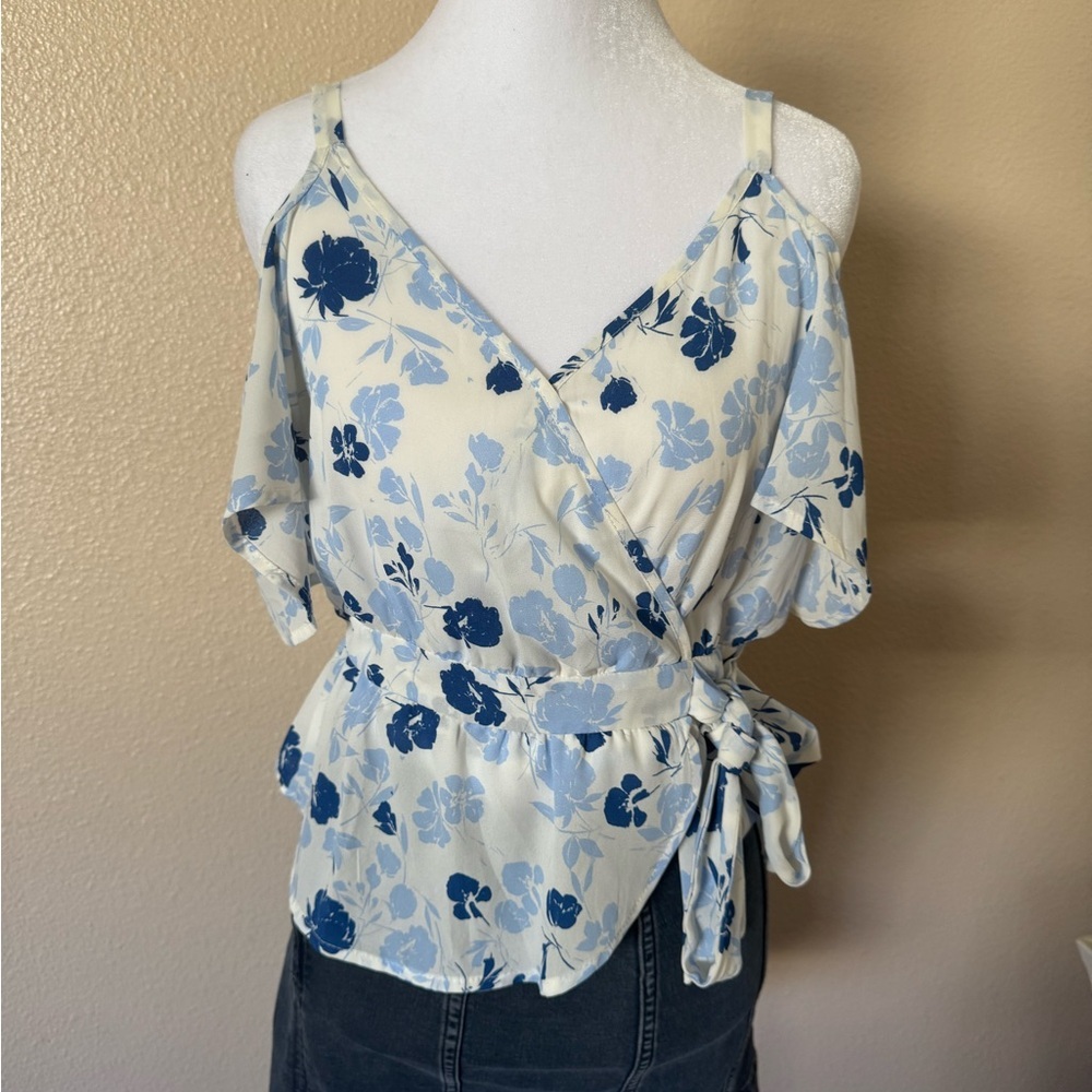 Sienna Sky Floral Wrap Blouse - Blue and Cream